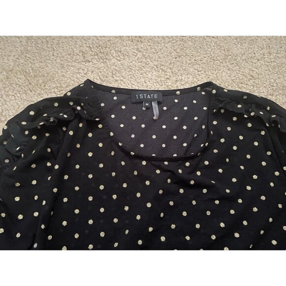 1.State Women's Black Gold Dot Sheer Long Sleeve Ruffle Seam Crewneck Top Size M - Picture 6 of 10